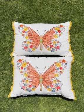 Sonoma Beaded Butterfly Embroidered Accent Pillow Set Colorful Fringe 14x20 GUC